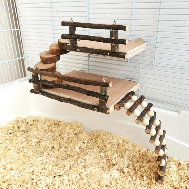 Hamster Wood Playground Activity Platform with Wooden Ladder Stairs Chew Toy Natural Hideout for Rat Gerbil Small Animal |