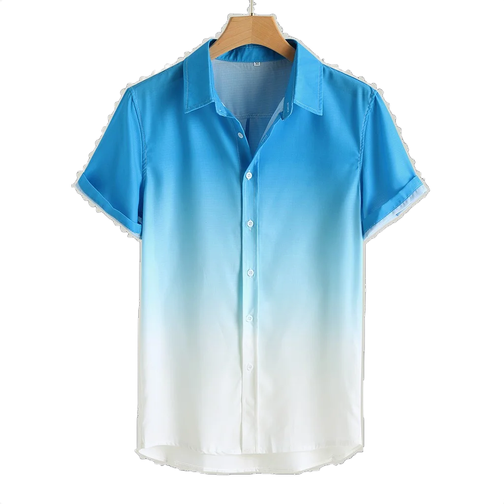 2022 Summer New Men's Harajuku Hawaiian Shirt Casual Short-sleeved Gradient Color Cotton Linen Thin Collar Breathable Summer Coo