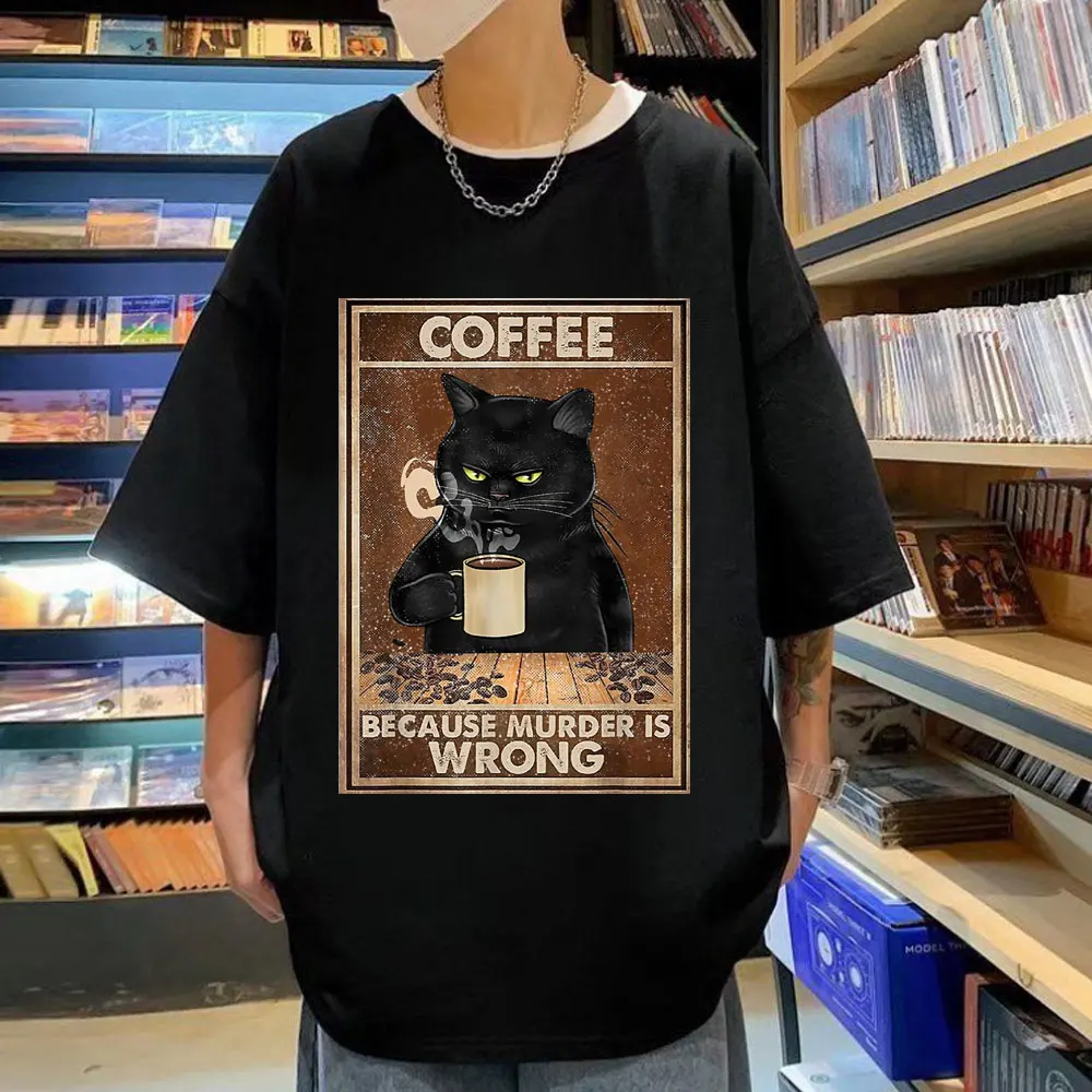 

Anime Coffee Because Murder Is Wrong Black Cat Drinks Coffee Meme Print T-shirt Summer High Quality T Shirt Men Women Streetwear