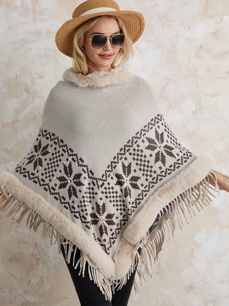 

Женский осенне-зимний свитер-пончо с плюшевым воротником, накидка с кисточками в стиле бохо, вязаные топы, осенне-зимние свободные пуловеры