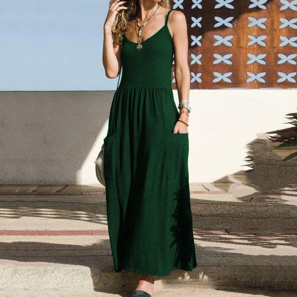 

Suspender Summer Dress Women 2023 Clothing Solid Casual Large Swing Maxi Dress Pocket Pleated New In Long Dresses Women's Dress