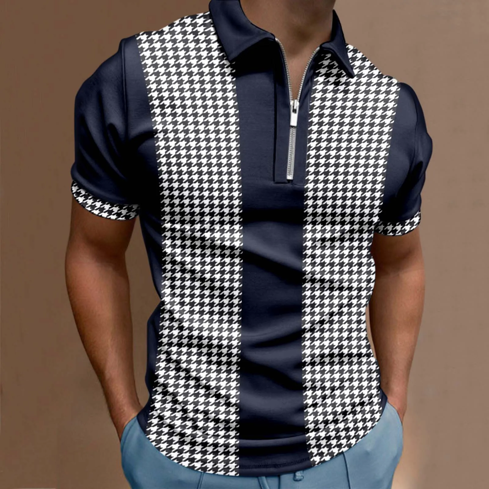 

Мужская Летняя Повседневная Блузка с принтом «гусиные лапки» на молнии с отложным воротником Топы с коротким рукавом рубашка с длинным рук...