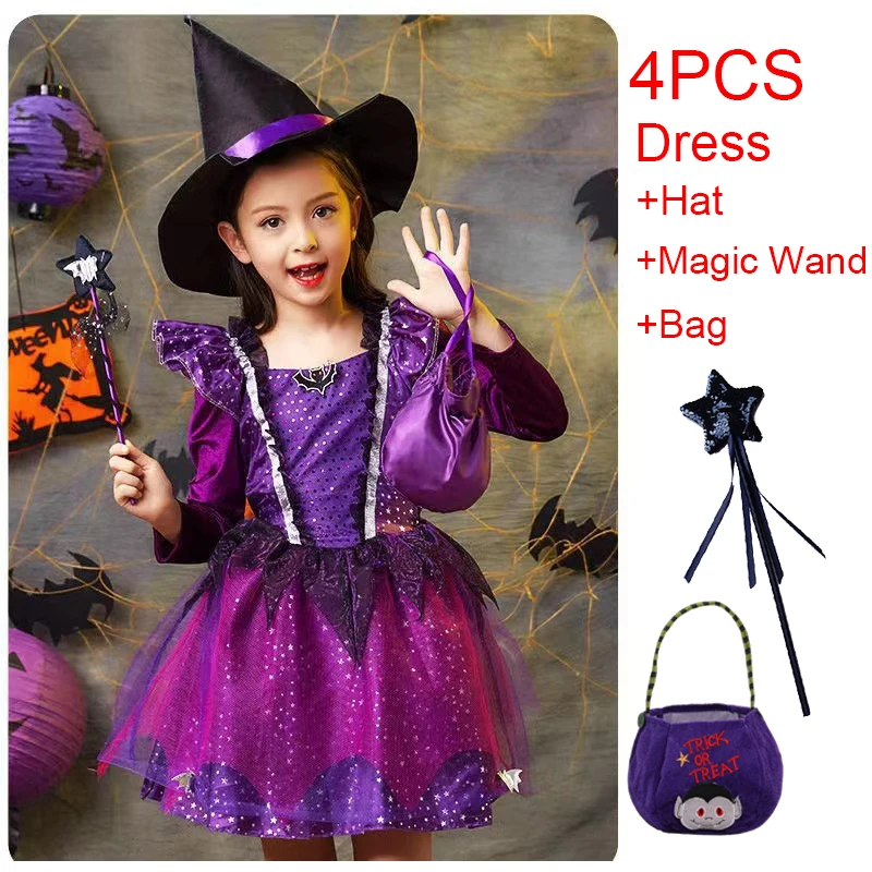 Платье на Хэллоуин для девочек костюм ведьмы Пурпурное Пышное детская