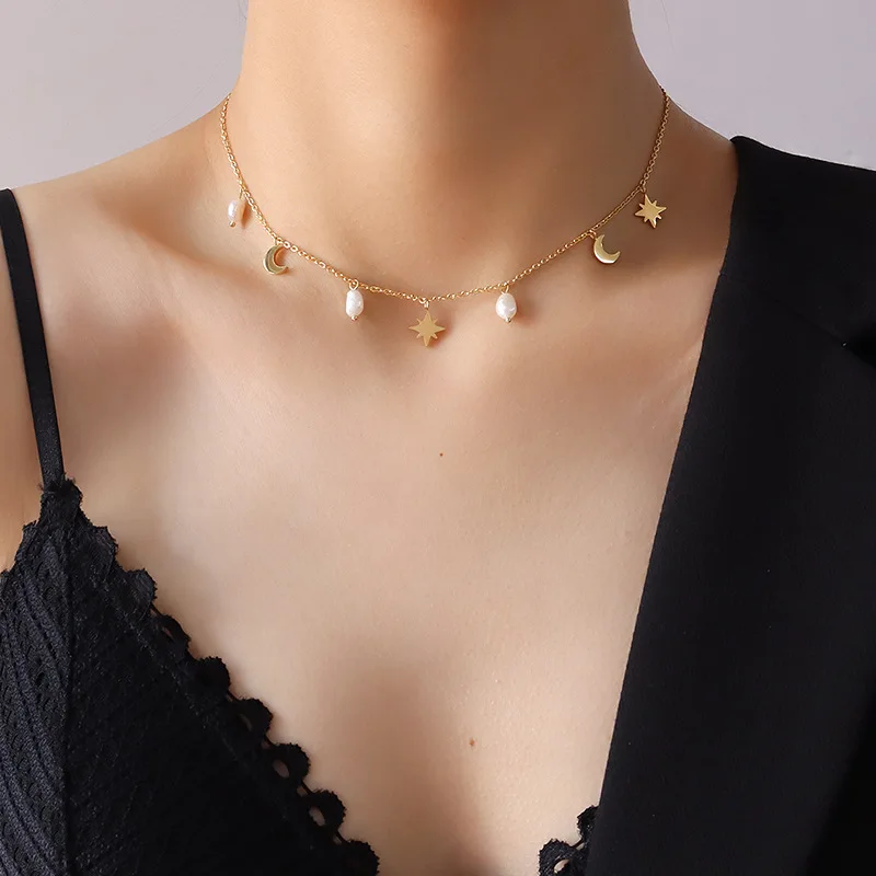 

Minar Minimalist Gold Color Small Moon Star Natural Pearl Pendant Necklace for Women Ladies Thin Chain Chokers Necklace Jewelry