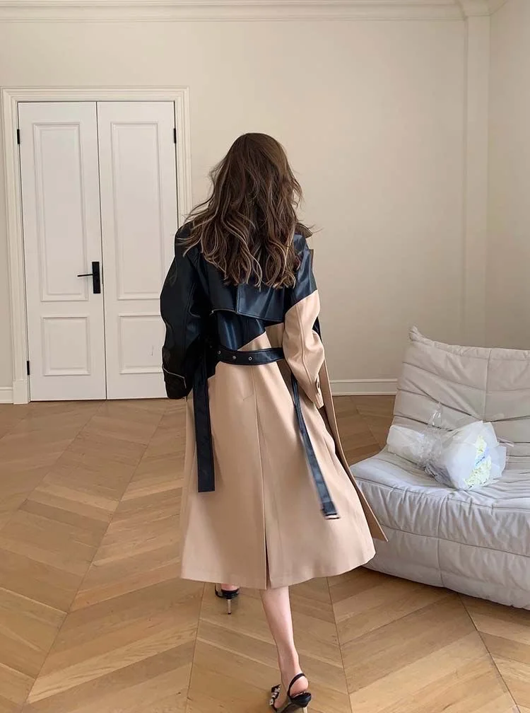 COZOK Winter Black Khaki Splice Windbreaker Coat Women 2022 New Style Fashion Leather Coat Women Y2K Retro Coat Women