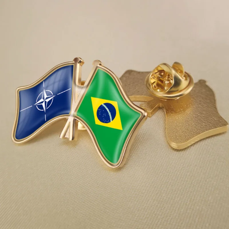 

North Atlantic Treaty Organization NATO and Brazil Crossed Double Friendship Flags Lapel Pins Brooch Badges