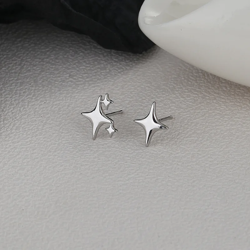 

VENTFILLE 925 Stamp Asymmetric Four-pointed Star Earrings for Women Super Fairy Stud Earring Simple Silver Color Jewelry