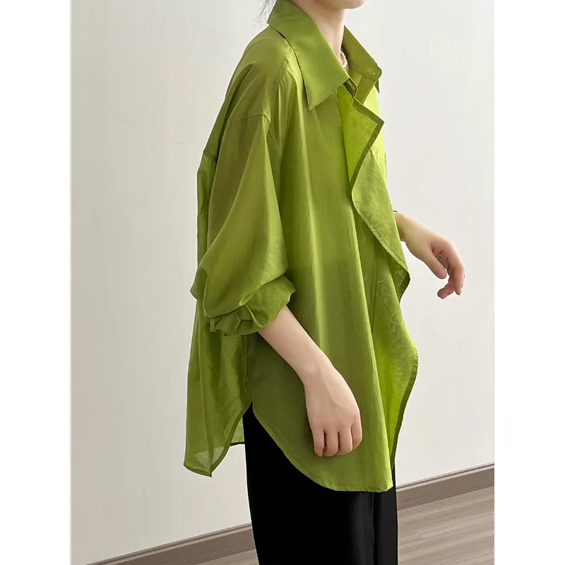 

Thin Lyocell Shirts Women Sunscreen 2023 Summer Blouses Fungus Edge Loose White Shirt Lapel Irregular Tops Single-breasted Green