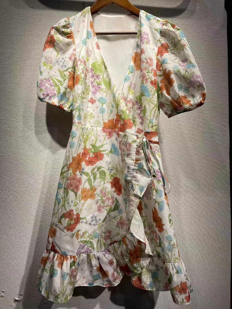 2023 Spring  Summer New Dress Women V-neck Linen Print Puff Sleeves Ruffle Strap Dress