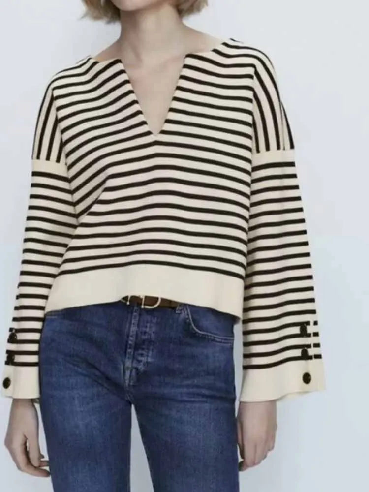 

Женский вязаный свитер в полоску, Свободный пуловер с длинными рукавами и манжетами на пуговицах, в винтажном стиле, 2023