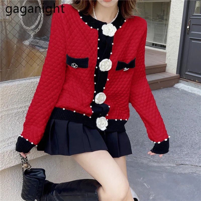 

Gaganight, Женский контрастный вязаный кардиган с цветочной пряжкой, 2022, высококачественный Женский Стильный плотный свитер с длинными рукавам...