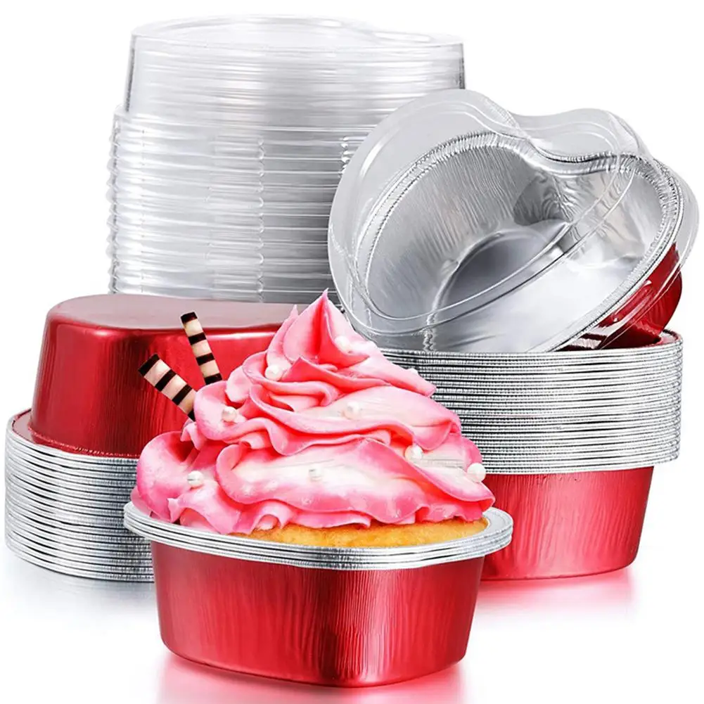 

50 Pcs 55ml Tin Foil Aluminum Foil Pudding Cup With Lid Heart-shaped Disposable Mini Mousse Cupcake Containers Baking Mould