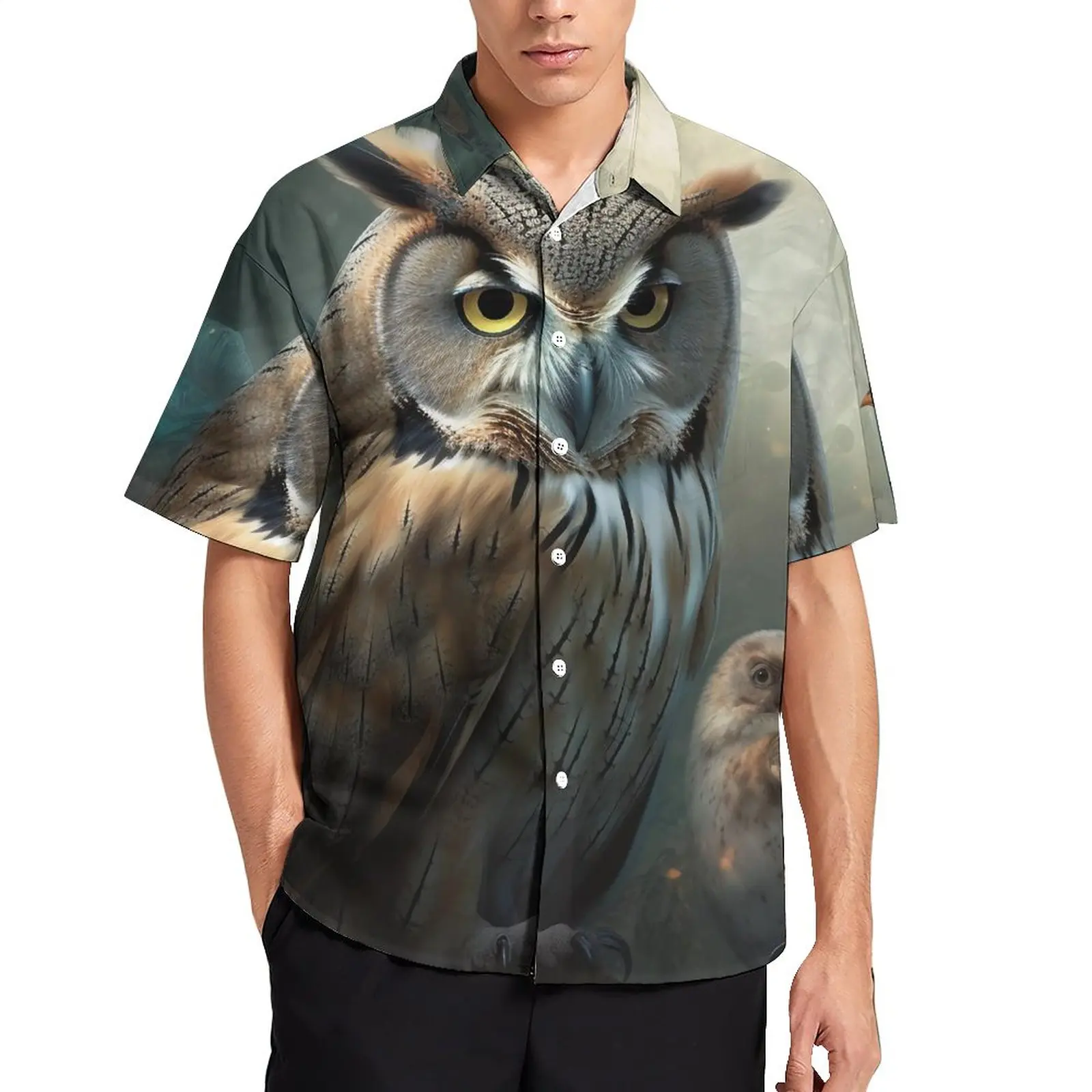 

Owl Casual Shirts Mystical Realms Beach Shirt Hawaiian Harajuku Blouses Male Print Plus Size 3XL 4XL