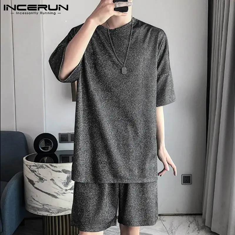 

Men Casual Sets Solid Color 2022 Shiny O-neck Short Sleeve T Shirt & Shorts Streetwear Loose Men Suits Two Pieces INCERUN S-5XL