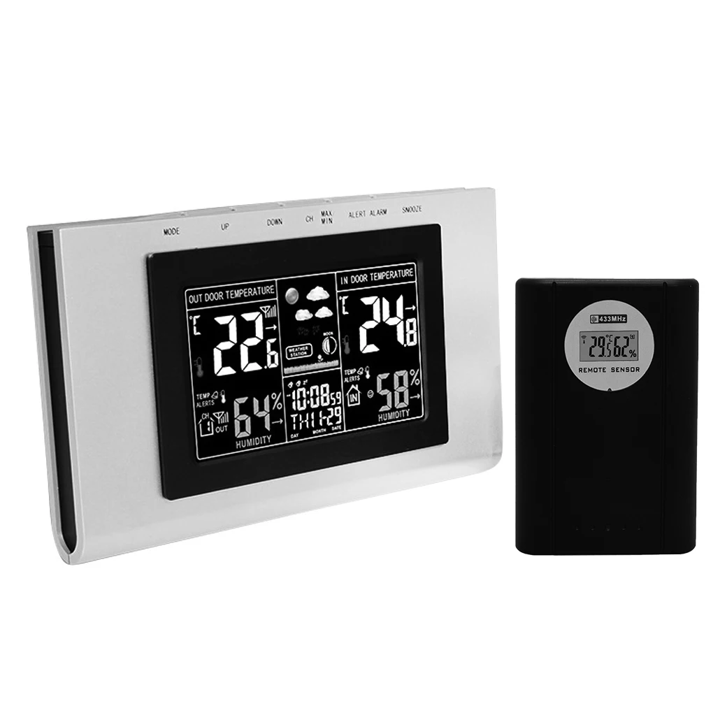 

Wireless Forecast Station Indoor Outdoor Thermometer Hygrometer Weather Alarm Clock with HD Colorful LCD