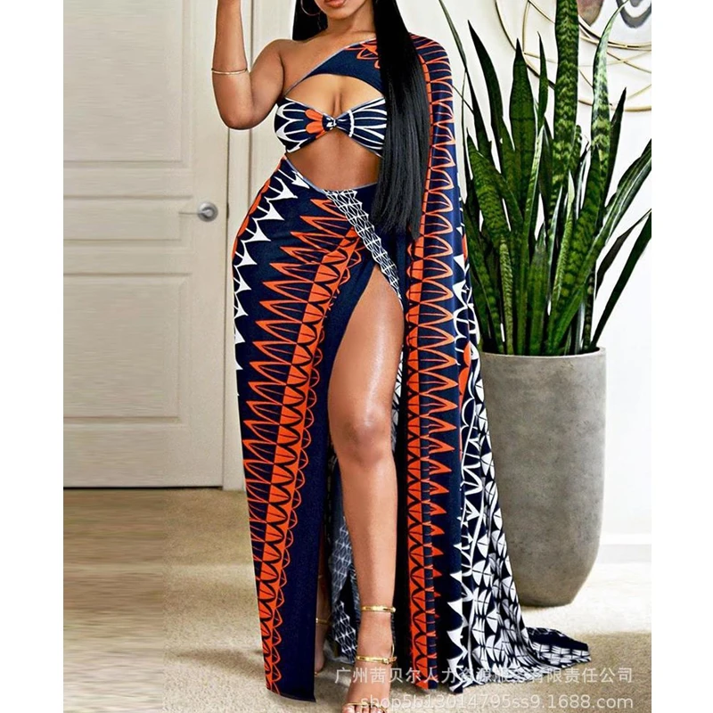 

Women's Dress Summer Sexy Printed Openwork Dress Women's Fashion One Shoulder Asymmetrical Off-Shoulder Split Dress