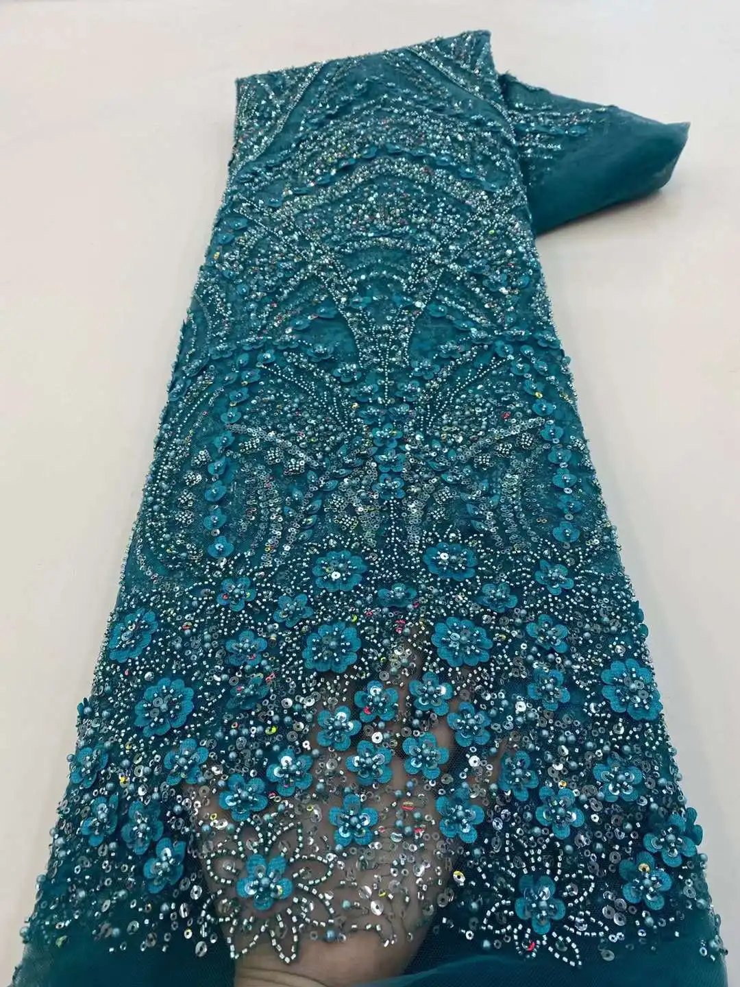 Новейшая ткань с блестками 2024 бусин кружевная вышитая Тюль Ткань для жениха