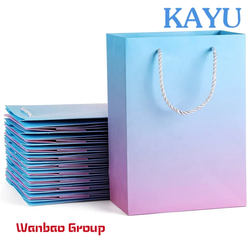 Custom logo printing Blue Pink gradient color packaging paper gift bags shopping bag cardboard bag