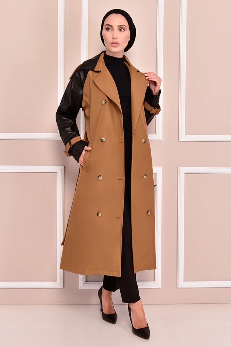 

Belted Trench Coat Tan İslamic Woman Jacket Muslim Turkish Veiled Clothes Women's Coats Women's Jackets Coat NYX2095