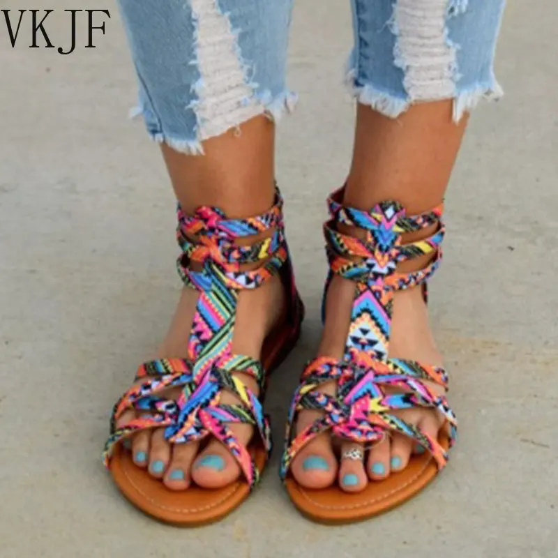 

2022 Bohemian Women Flat Shoes Summer Gladiator Roman Sandal Colorful Boho Sandalias Mujer Colorful Female Beach Flat