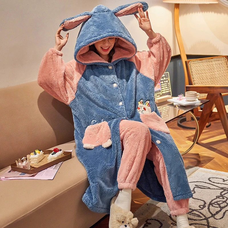 Winter Pajamas Fashion Women Sleepwear Plush Robe Thermal Pantsuit Plus Size Home Wear Add Fleece and Thicken Nightgown