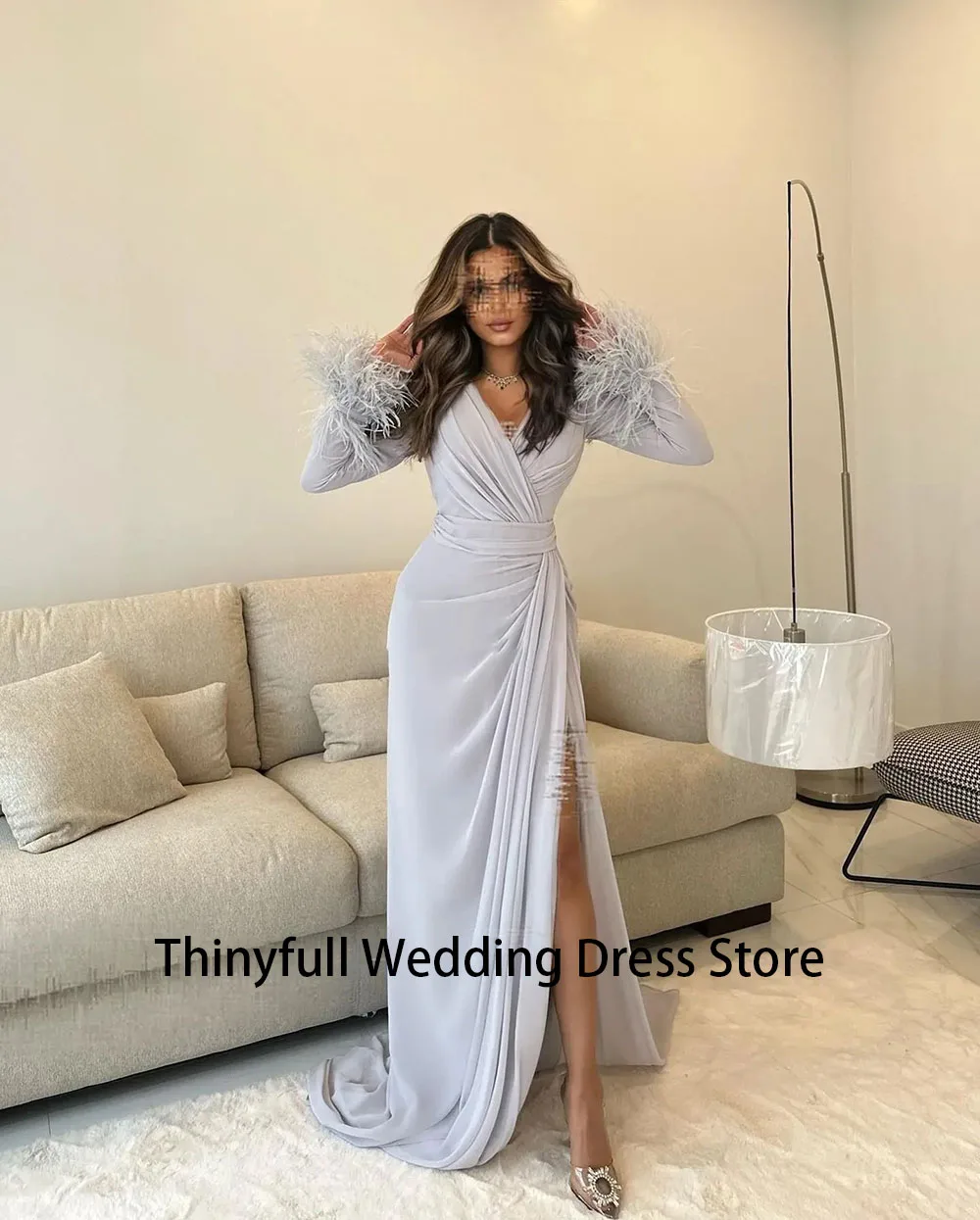 

Thinyfull Saudi Arabia Mermaid Evening Dresses Feathers V Neck Slit Prom Party Dresses Long Sleeves Elegant Formal Gowns Dubai