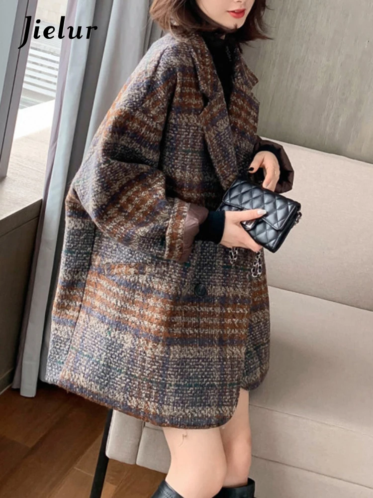 

Jielur Women Autumn and Winter Street Fashion Age Reduction Temperament Plaid Woolen Coat Woolen Coat Western Style
