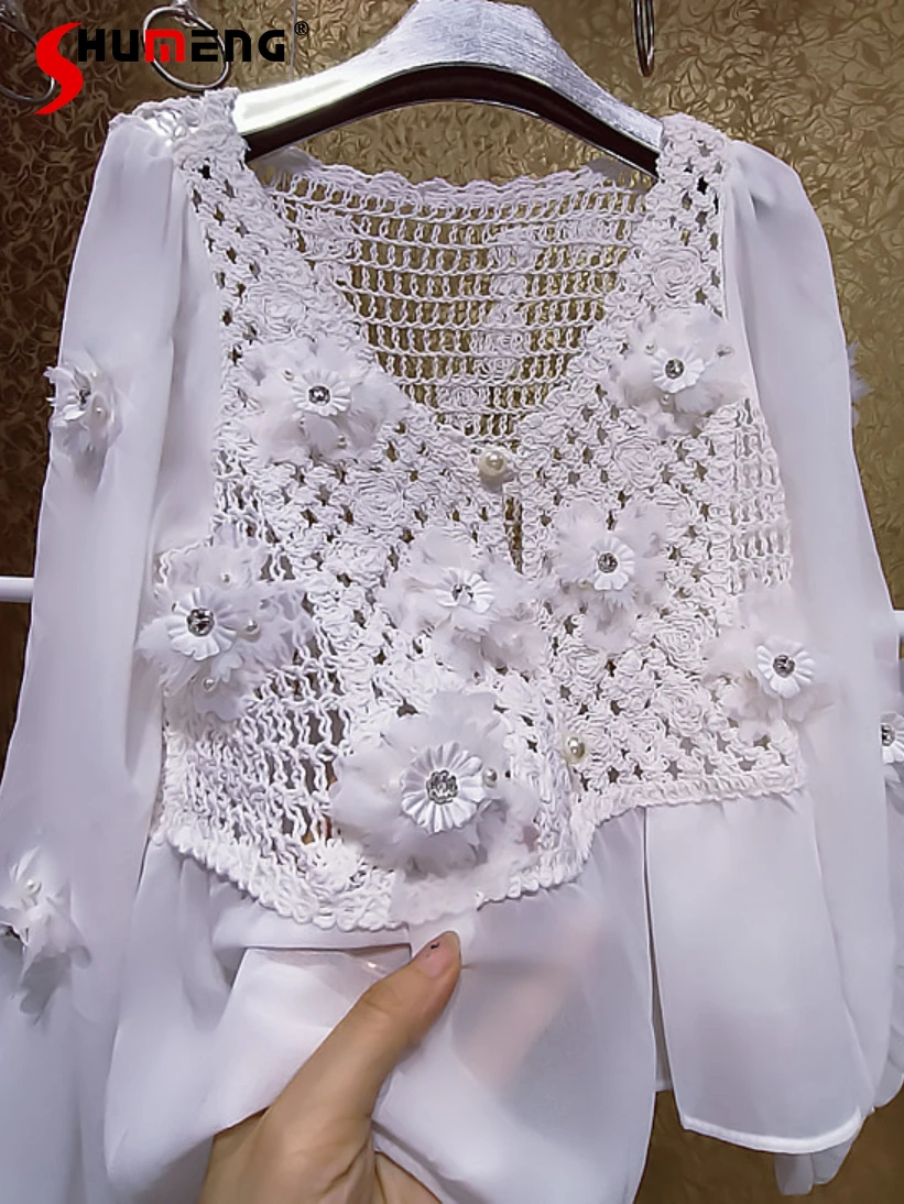 

Ladies Crocheted Three-Dimensional Flower Rhinestone White Thin Shirts Summer Woman Sun Protection V-neck Long Sleeve Cardigans