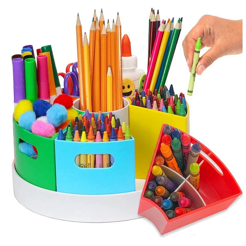 Crayon Organizer Rotating Kids Desk Organizer Rainbow Color Bins Pencil Crayon Marker Storage, For School & Office