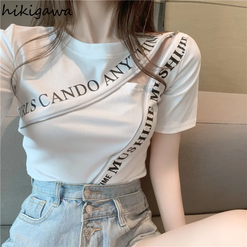 

Women t Shirts 2022 Summer Tshirts Irregular Letter Tees Hollow Out Sexy Y2k Tops T-shirt Fashion Korean Clothes for Teens