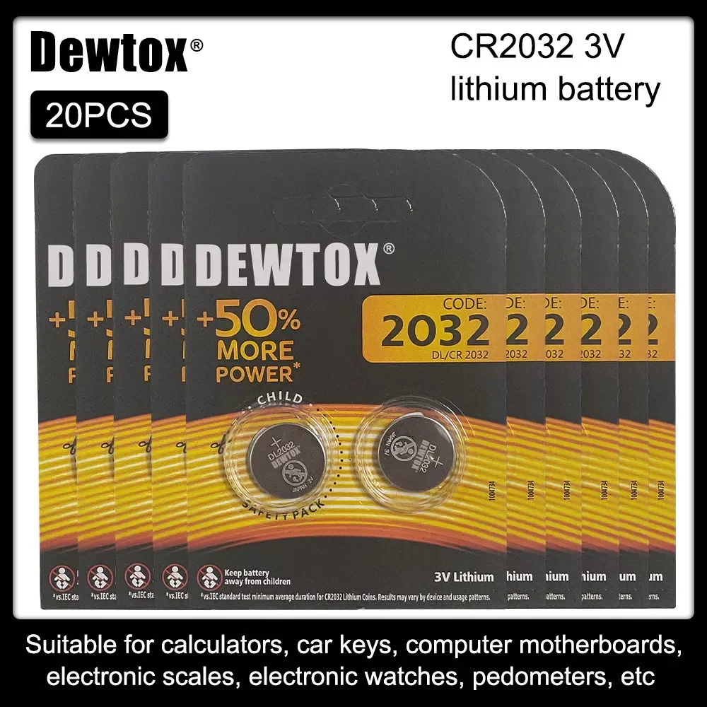 

20PCS Original DEWTOX CR2032 DL2032 Button Cell Battery 3V Lithium Batteries for Watch Computer Calculator Control DL/CR 2032