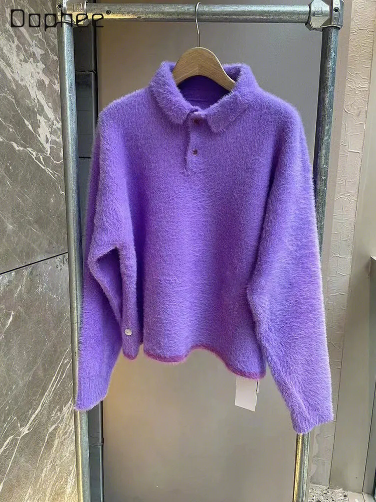 Oversized Retro Polo Lapel Purple Sweaters Women's 2022 Autumn and Winter New French Loose Gentle Long Sleeve Soft Sweater Coat