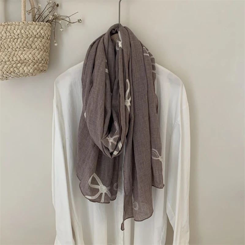 Осень-зима 2024 хлопковая тонкая шаль с бантом однотонная простой художественный