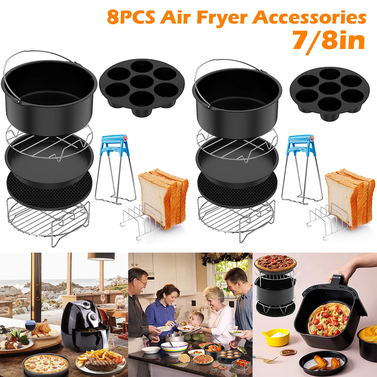 

8Pcs Air Fryer Accessories Set Food-grade Air Fryer Accessories with Cake Basket Pizza Pan Stainless Steel Skewer Rack Silicone