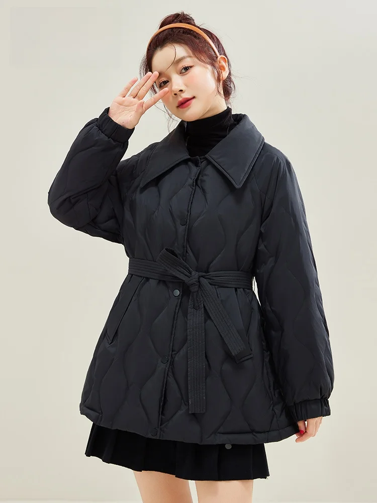 Snow Flng Mid-Length Waist Hugging Down jacket Women 2024 New Simple Shirt Collar Versatile Winter Fashion Outerwear