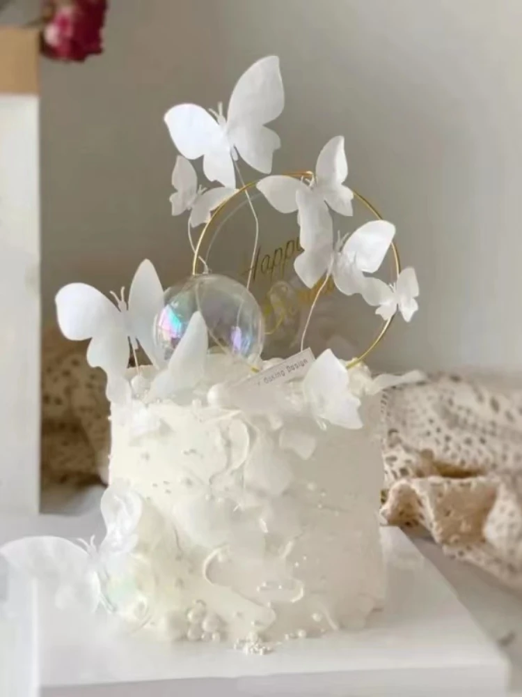 

White Butterfly Cake Decoration Card Ornament Valentine's Day Mother's Day Iron Birthday Party Dessert Table Plug-in Supplies