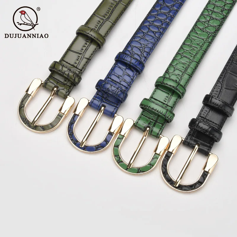 

Crocodile Leather Cowhide Belt Women's Shallow Gold Buckle Vintage Embossed Pin Buckle Belt Personality Fashion Decorative Belt