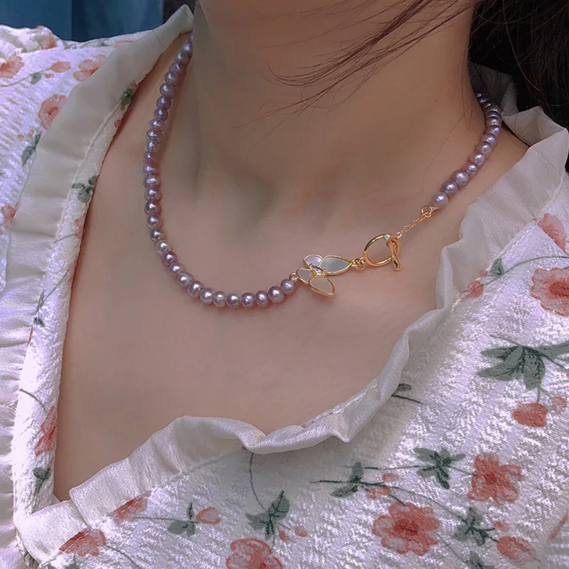 

Natural 6-7mm white pink purple freshwater pearl necklace women's wild collarbone chain 17”inch butterfly clasp
