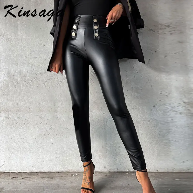 

Streetwear Button Patchwork Skinny Leather Pants Women Sexy High Waist PU Leather Pencil Pants Female Vintage Bodycon Trousers