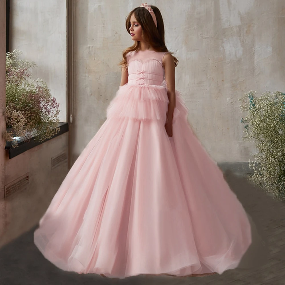 

Prom White Tulle Bridesmaid Dresses For Girls Pageant Lace Wedding Kids Party Dresses Girl Children Birthday Princess Dress Gown