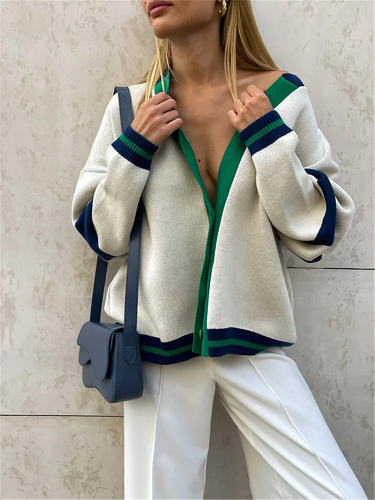 

Taruxy Oversized Cardigans Women Autumn Winter Contrast Patchwork Knitted Sweaters High Street Casual Loose Rib Sweater Coats