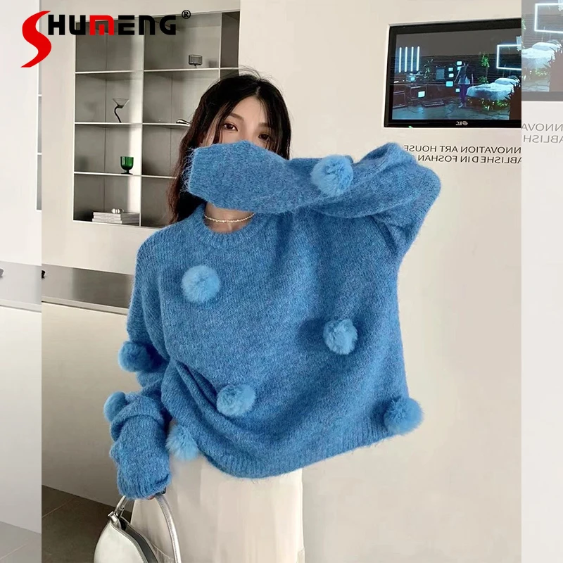 

Blue Three-Dimensional Fur Ball Soft Comfortable Knitted Sweater For Women Loose Youthful-Looking Furry Top Autumn New Knitwear