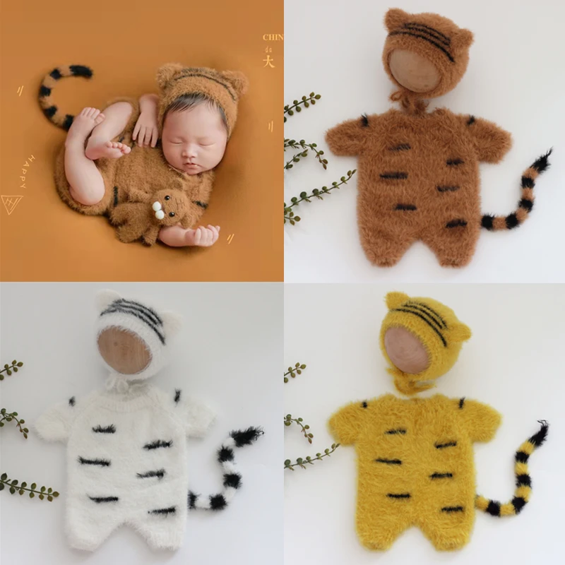 ❤️Newborn Photography Clothing Tiger Hat+Jumpsuit+Tail 2Pcs/set Studio Baby Photo Props Accessories Infant Shoot Knit Clothes