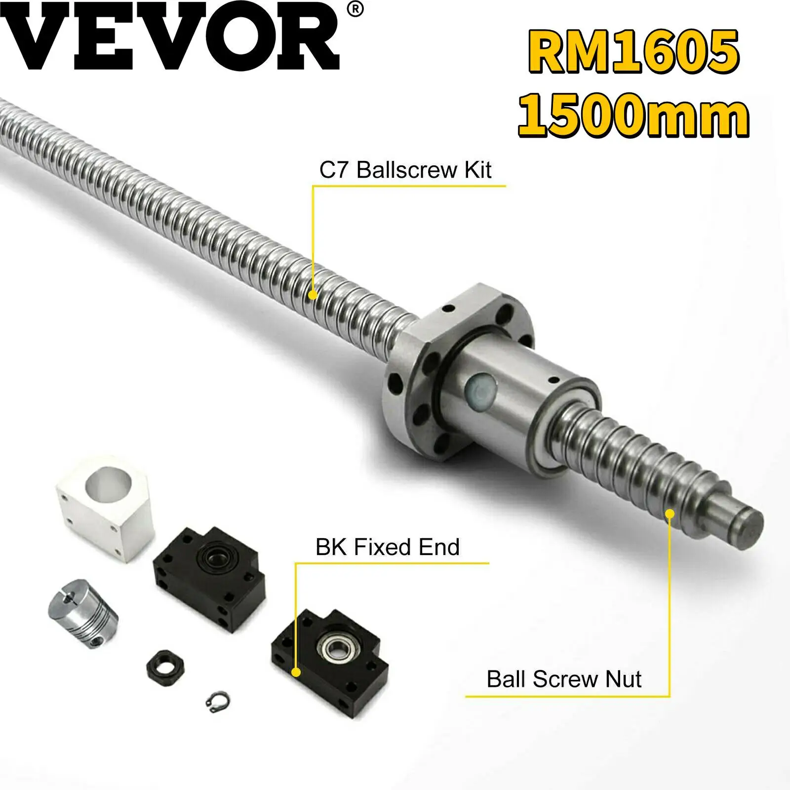 

VEVOR Ballscrew SFU1605 1500mm Ball Screw RM1605 BF12/BK12 Supporter High Precision Low Noise Low Friction for CNC Routers Lathe