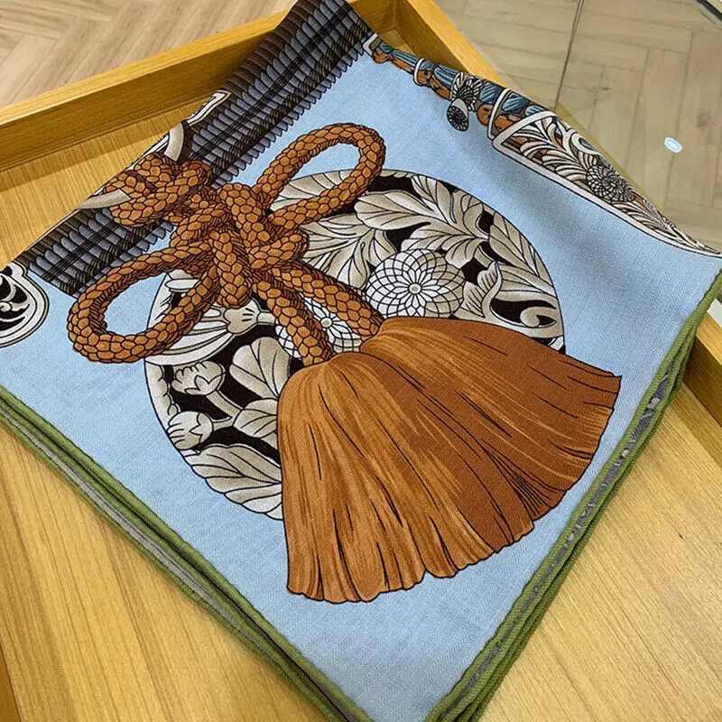 Luxury 70% Cashmere 30% Silk Scarf Women Fashion Winter Thin Kerchief Samurai Armor Print Hand Rolled Shawl Stole 135*135cm