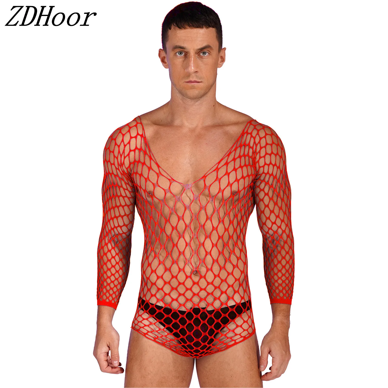 

Mens Hollow Out Fishnet Bodysuit Nightwear Sleepwear See-Through Scoop Neck High Cut Leotard