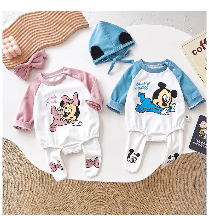 Disney Mickey Minnie Baby Romper Cotton Long Sleeves Bodysuits Infant Baby Boy Girl 3PCS Clothes Pants Hat Set Newborn Clothes