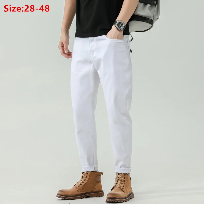 

Big Size White Denim Trousers Mens Pencil Fit Plus 42 44 46 48 Spring Autumn Boys Elastic Cowboy Jeans Stretched Motor Pants