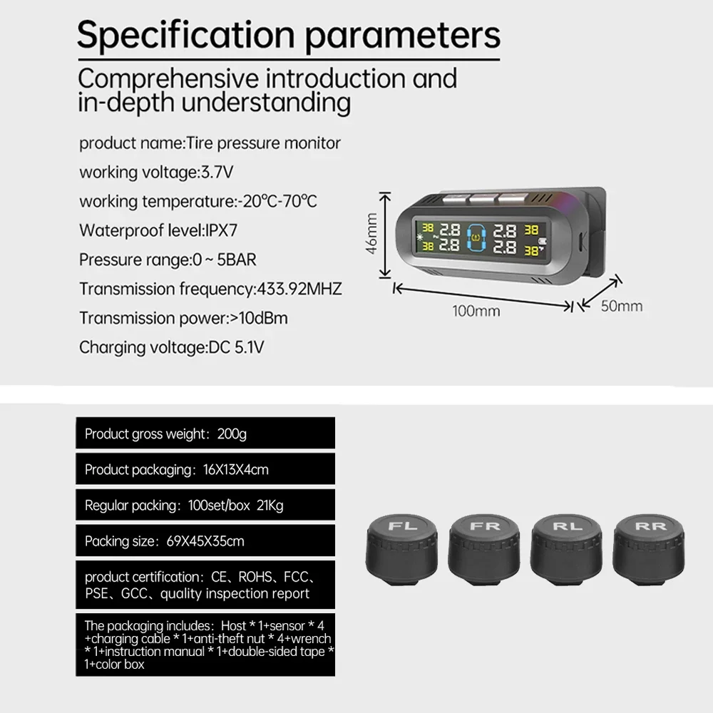 Умная система контроля давления в автомобильных шинах TPMS 4 внешних датчика