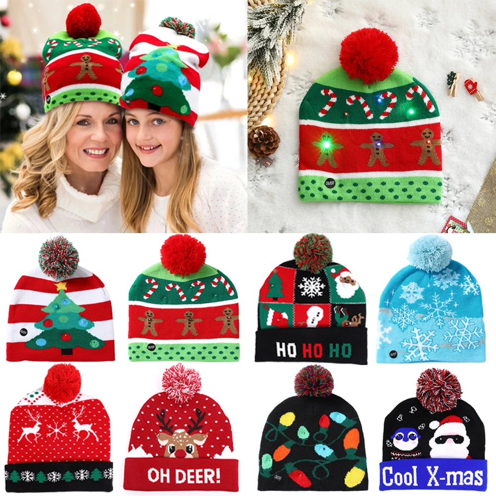 

Christmas Hats Sweater Santa Elk Knitted Beanie Hat With LED Light Up Cartoon Patteren Christmas Gift For Kids New Year Supplies